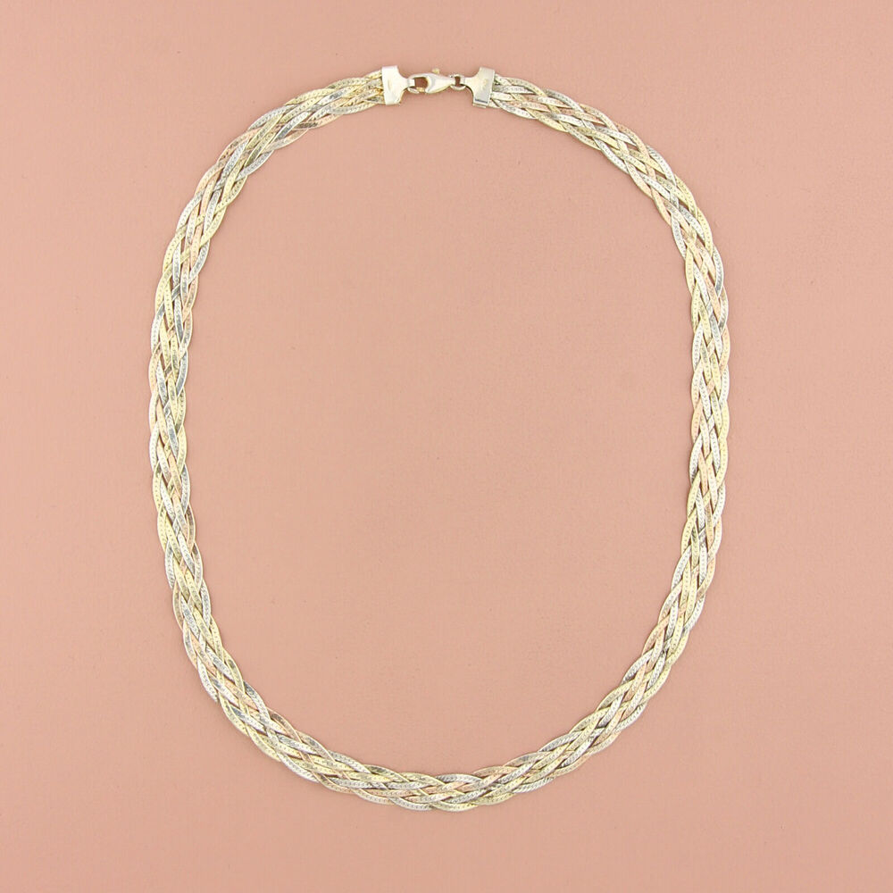 sterling silver italy tri-tone woven herringbone chain necklace size 17.5in